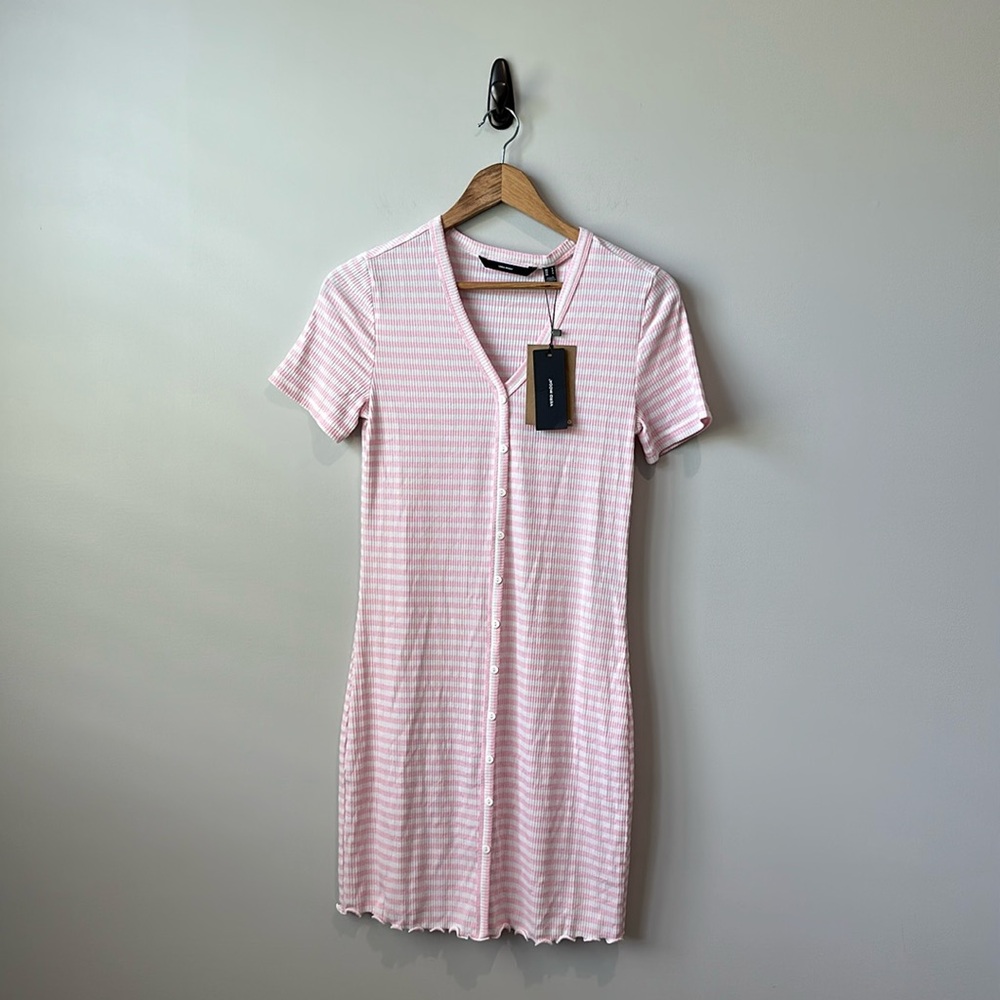 NWT Vero Moda Pink Stripe Babydoll V Neck Button Down Ruffle Hem Dress S